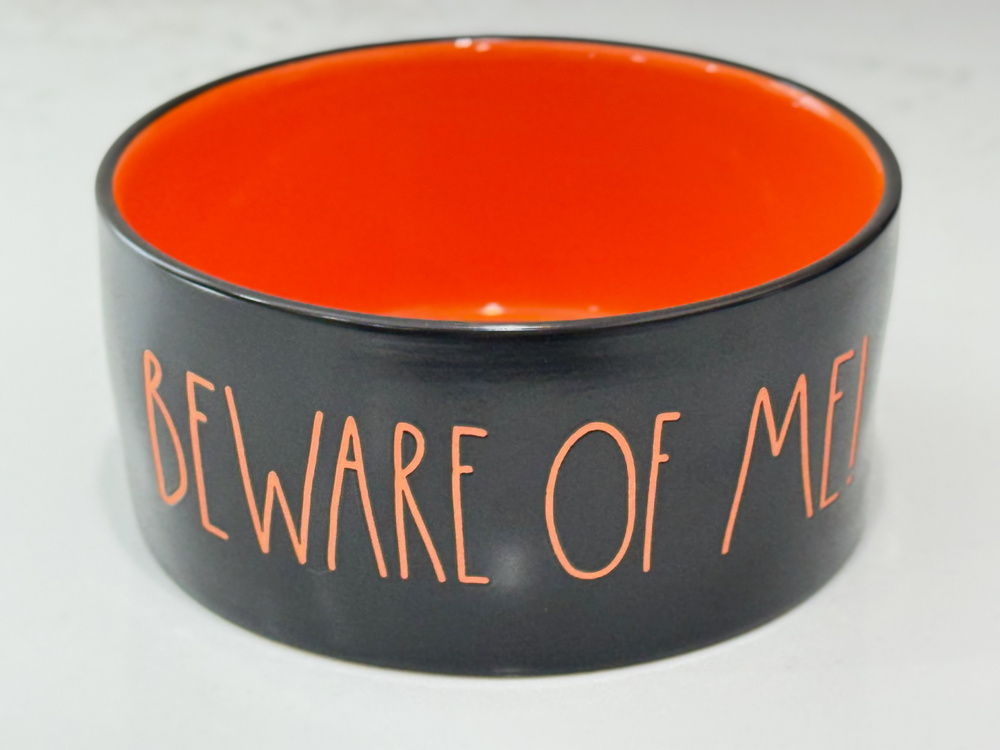 Rae Dunn Beware Of Me Halloween Dog Cat Bowl Black & Orange Ceramic Pet Dish 6"